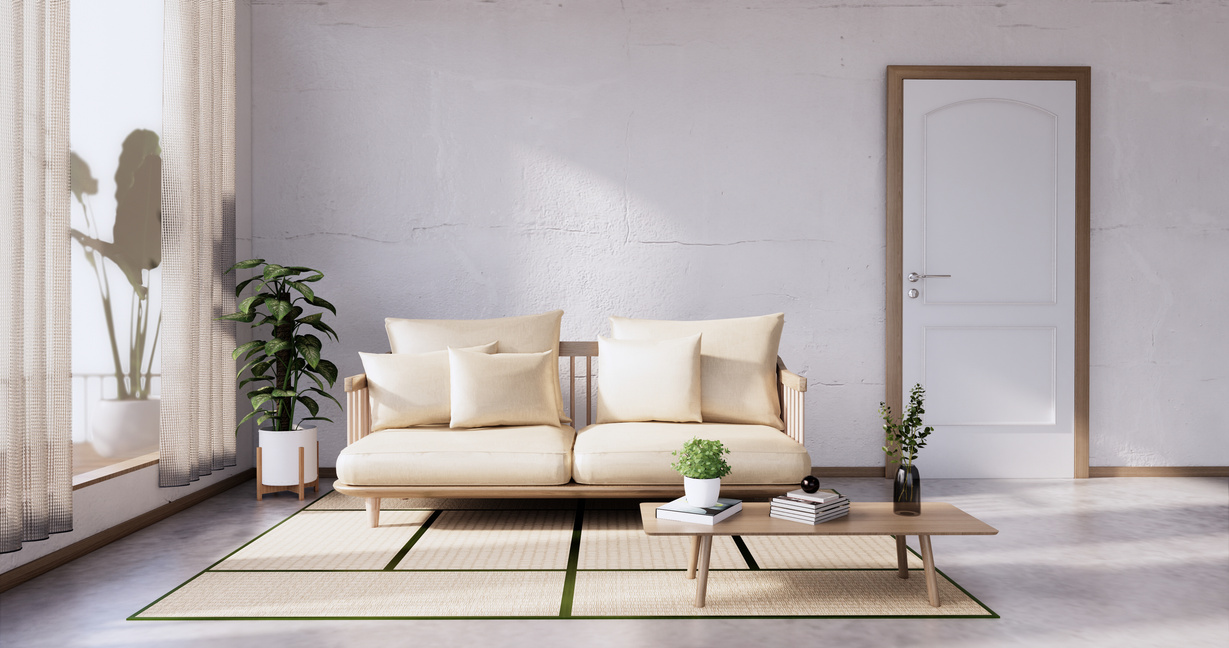 Sofa Furniture on Mockup Wooden Room Design Minimal.3D Rendering